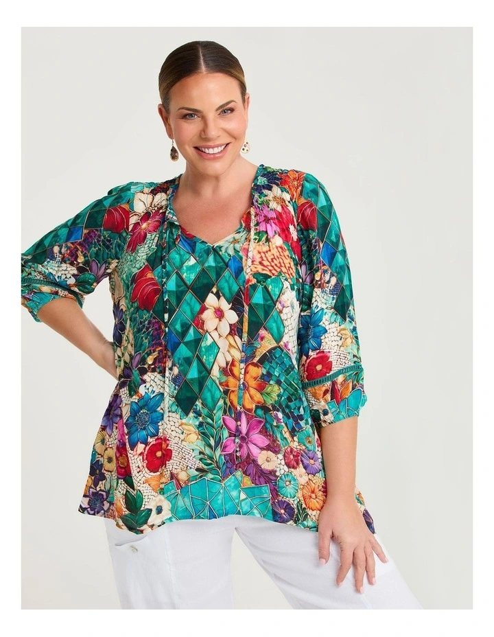 Natural Shirred Top Ocean Print image 3