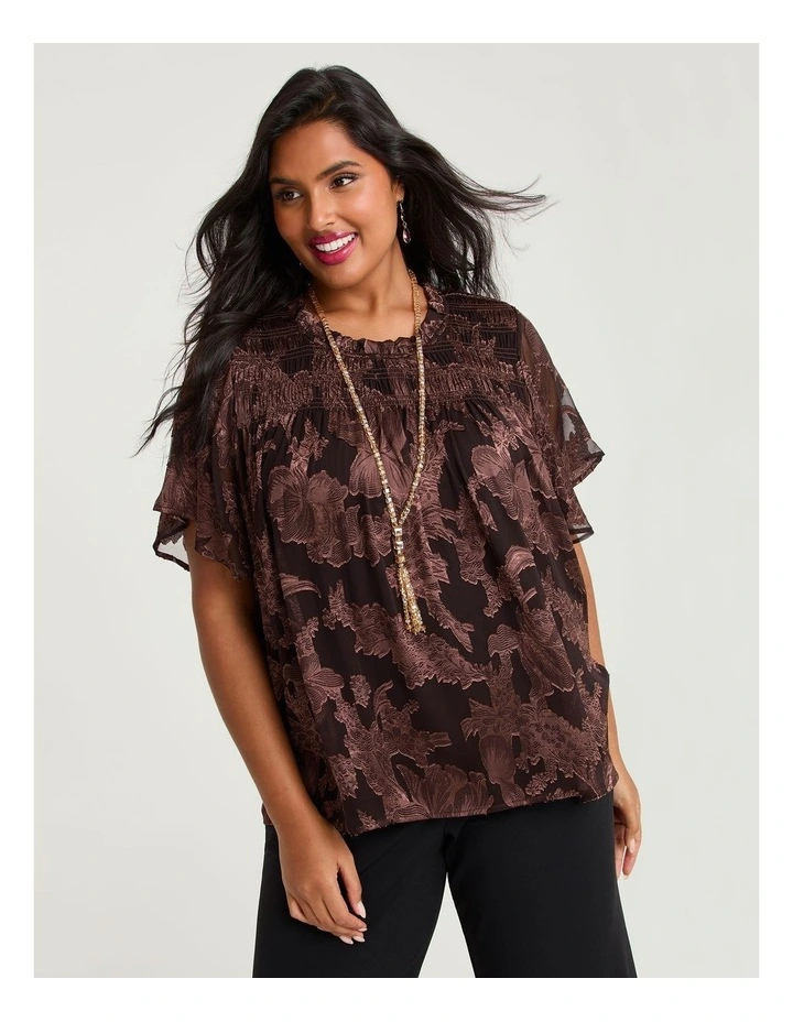 Rosa Jacquard Chiffon Shirred Top Chocolate image 1