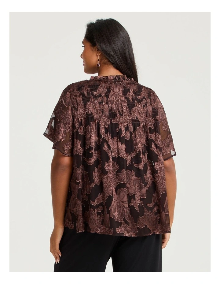 Rosa Jacquard Chiffon Shirred Top Chocolate image 2