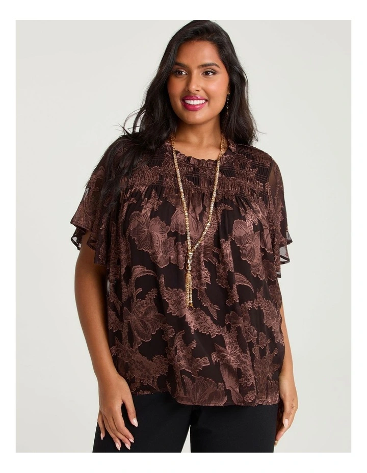 Rosa Jacquard Chiffon Shirred Top Chocolate image 3