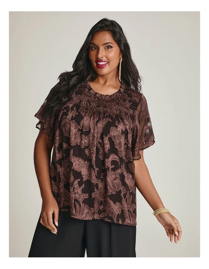 Rosa Jacquard Chiffon Shirred Top Chocolate image 5