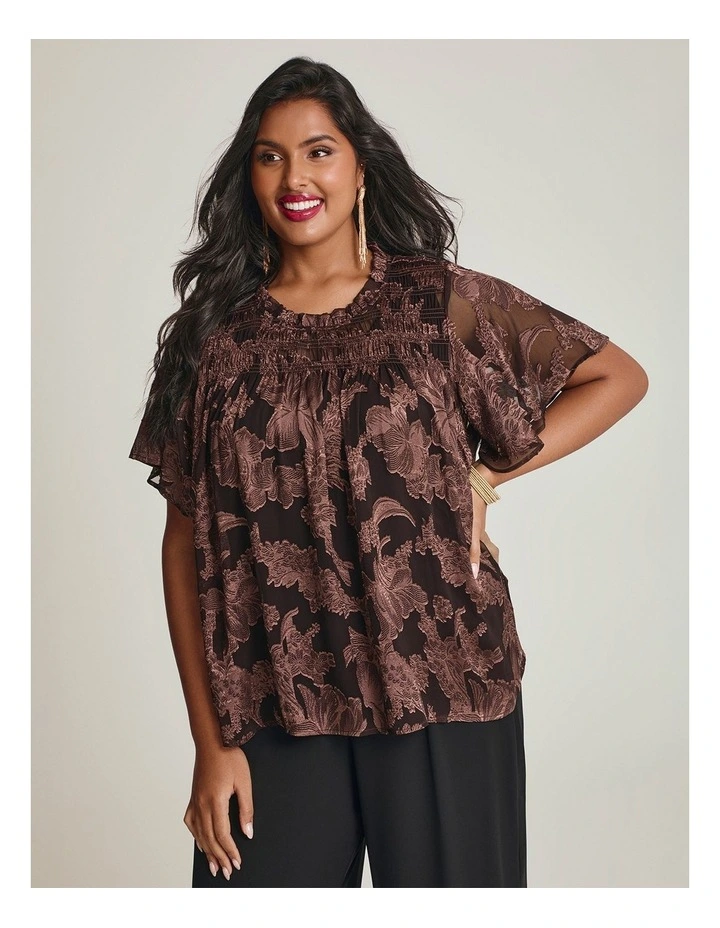 Rosa Jacquard Chiffon Shirred Top Chocolate image 6