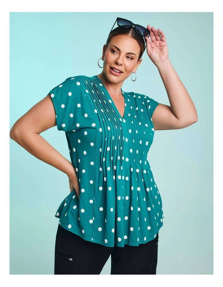 Polka Dot Pintuck Natural Top Ocean Spot Print image 3
