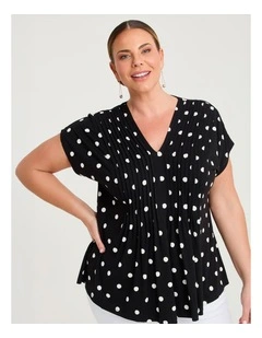 Polka Dot Pintuck Natural Top Black Spot Print