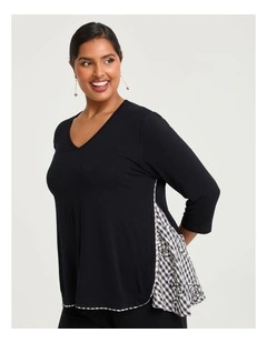 Peplum Gingham Spliced Bamboo Top Black Beige Check