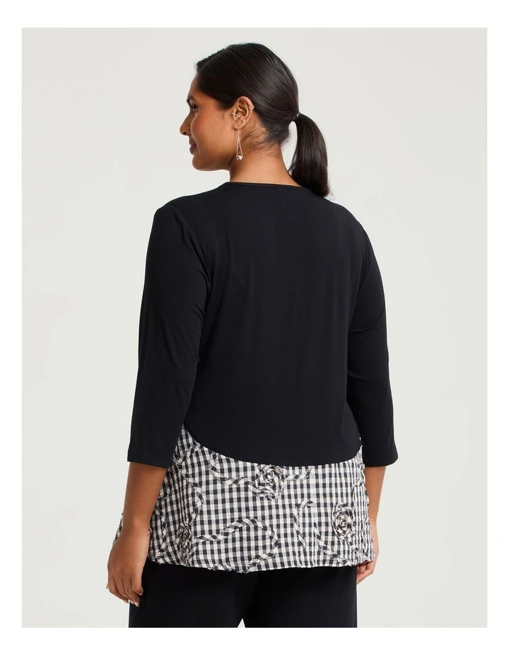 Peplum Gingham Spliced Bamboo Top Black Beige Check image 2