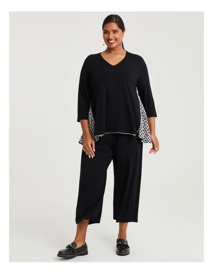Peplum Gingham Spliced Bamboo Top Black Beige Check image 3