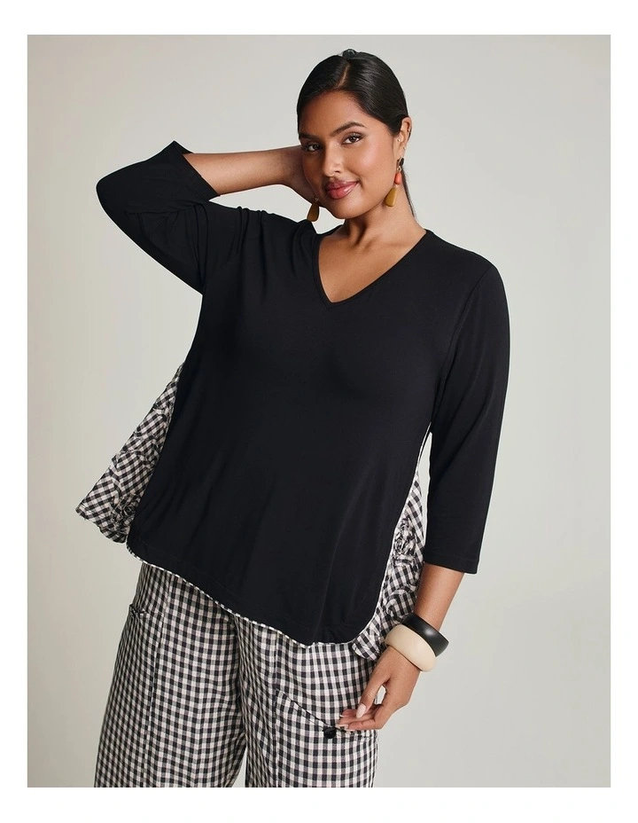 Peplum Gingham Spliced Bamboo Top Black Beige Check image 4