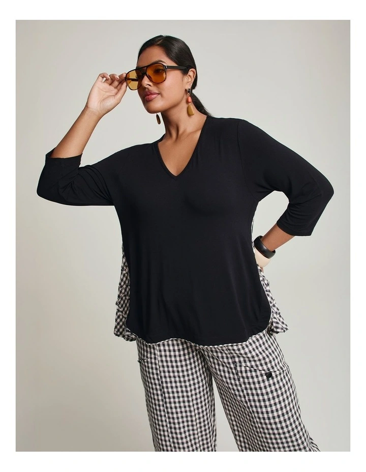 Peplum Gingham Spliced Bamboo Top Black Beige Check image 5