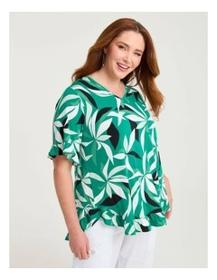 Salsa V-neck Luna Top Green Leaf Print