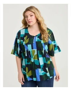 Cotton Pintuck Block Floral Top Print