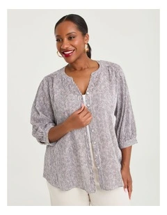 Cotton Stripe Button Top Dark Cocoa/off White