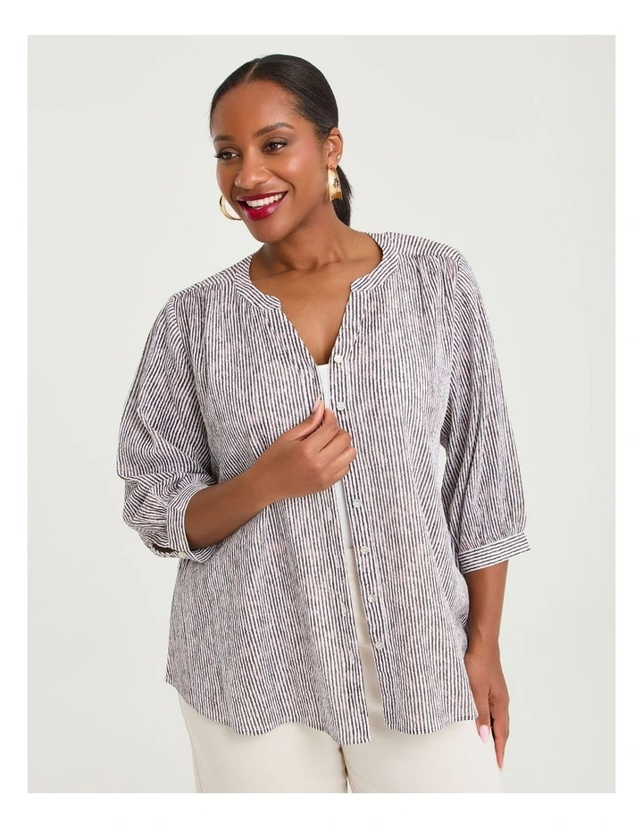 Cotton Stripe Button Top Dark Cocoa/off White image 1