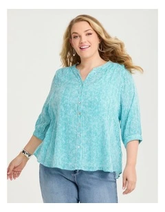 Cotton Stripe Button Top Lagoon Teal/white