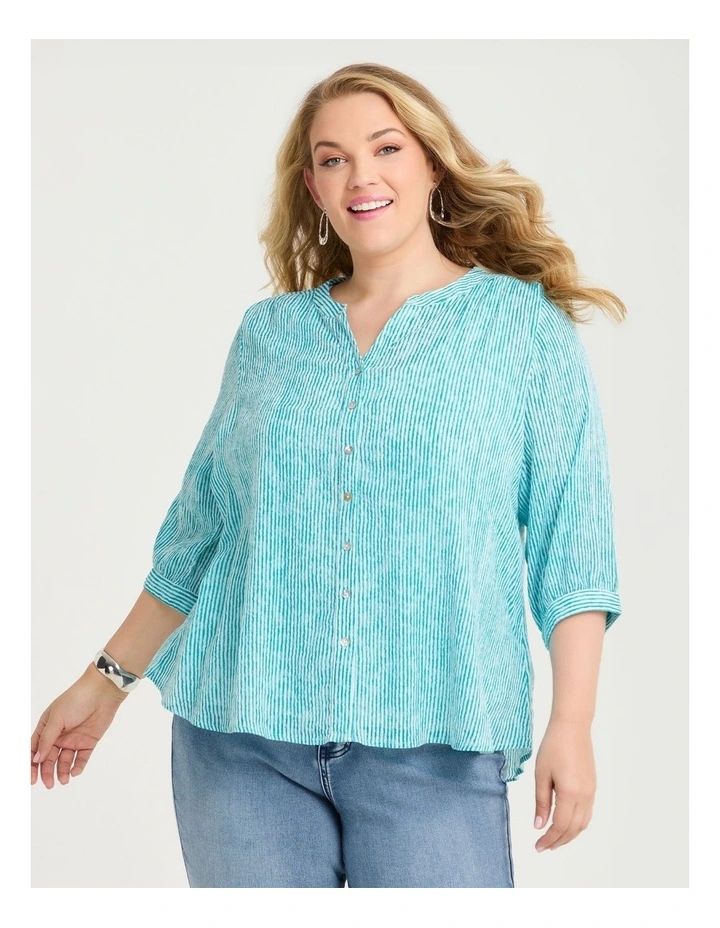 Cotton Stripe Button Top Lagoon Teal/white image 1