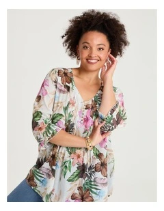 Cotton 3/4 Sleeve Pintuck Top