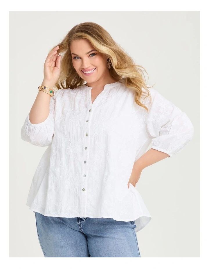 Cotton Embroidery Button Top White image 3