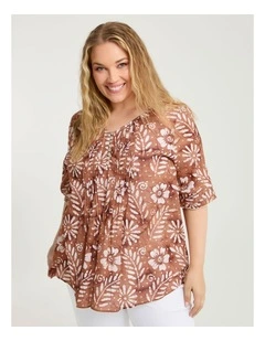 Cotton Elbow Sleeve Pintuck Top Copper/off White