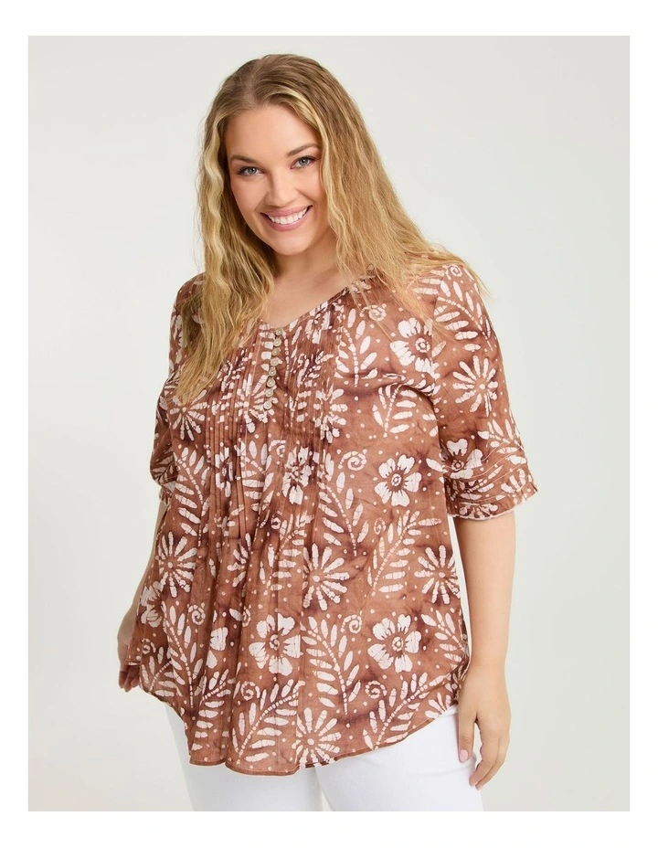 Cotton Elbow Sleeve Pintuck Top Copper/off White image 1