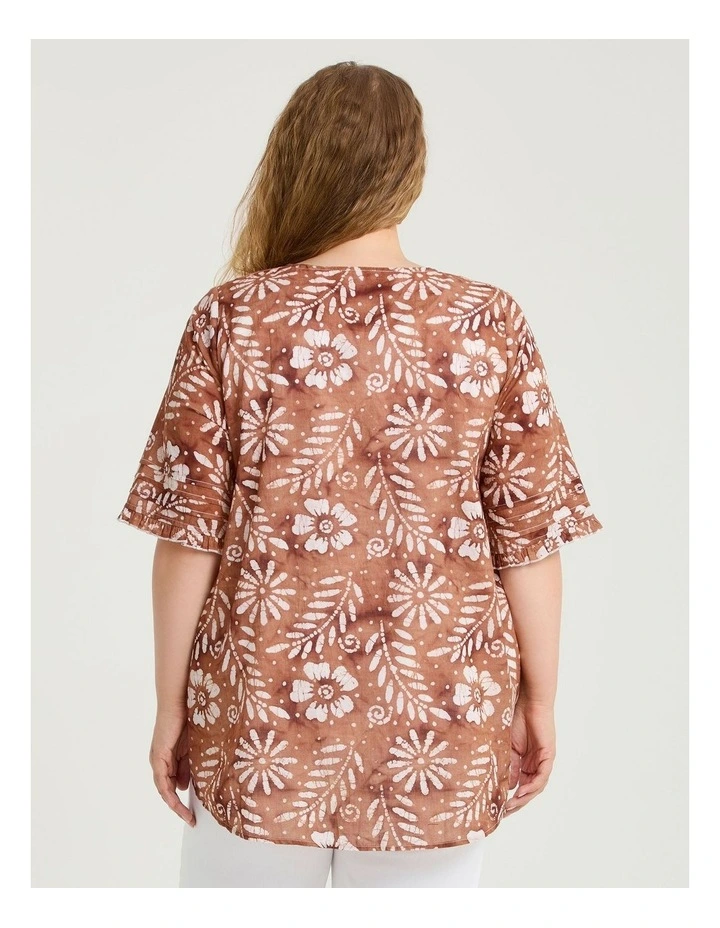 Cotton Elbow Sleeve Pintuck Top Copper/off White image 2