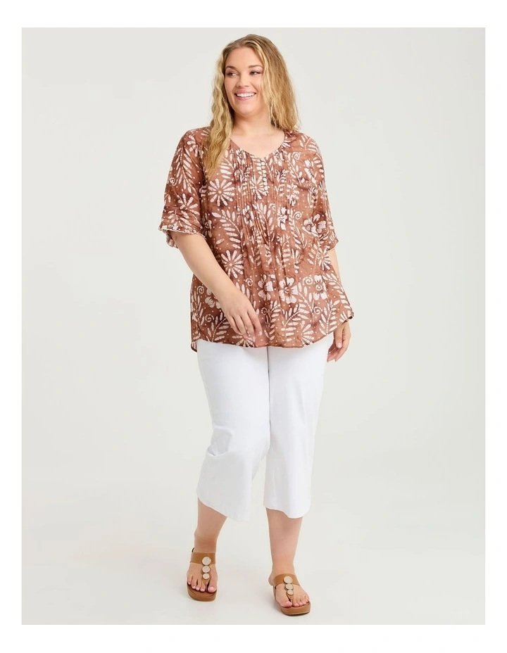 Cotton Elbow Sleeve Pintuck Top Copper/off White image 3