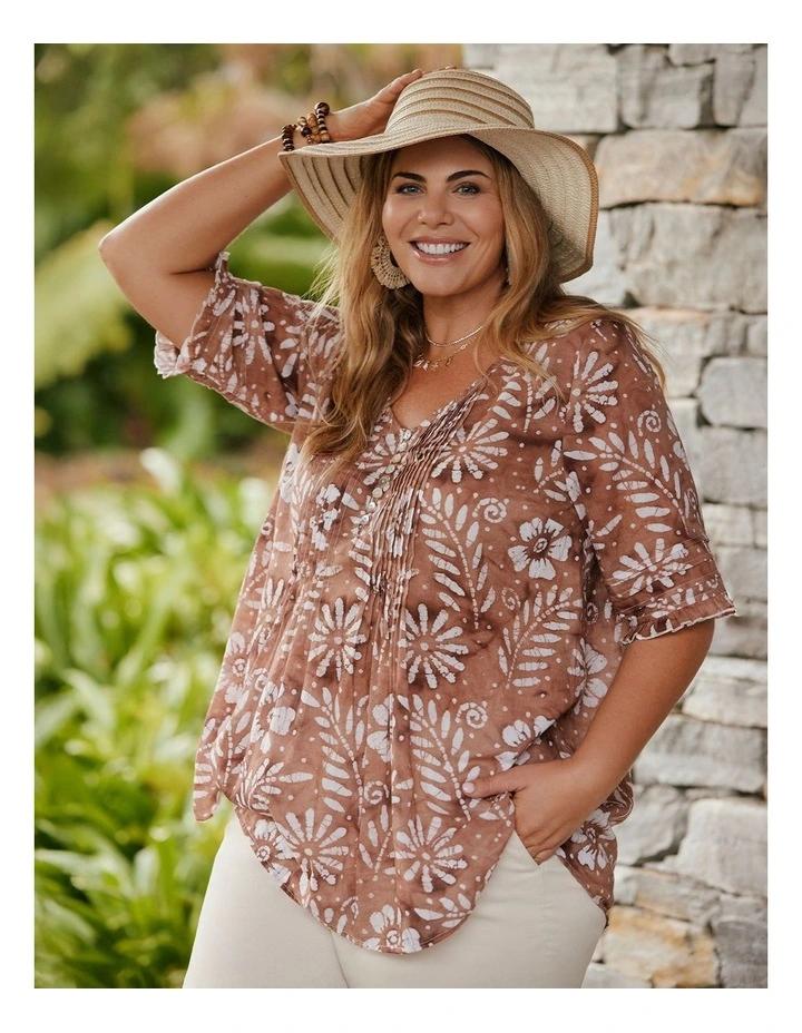 Cotton Elbow Sleeve Pintuck Top Copper/off White image 4