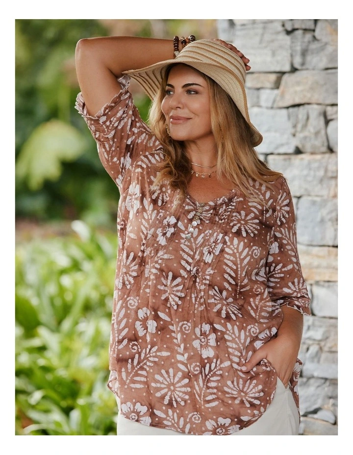 Cotton Elbow Sleeve Pintuck Top Copper/off White image 5