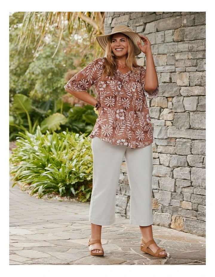 Cotton Elbow Sleeve Pintuck Top Copper/off White image 6