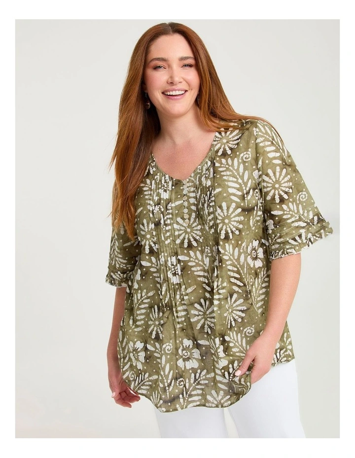Cotton Elbow Sleeve Pintuck Top Elm Green/Off White image 1