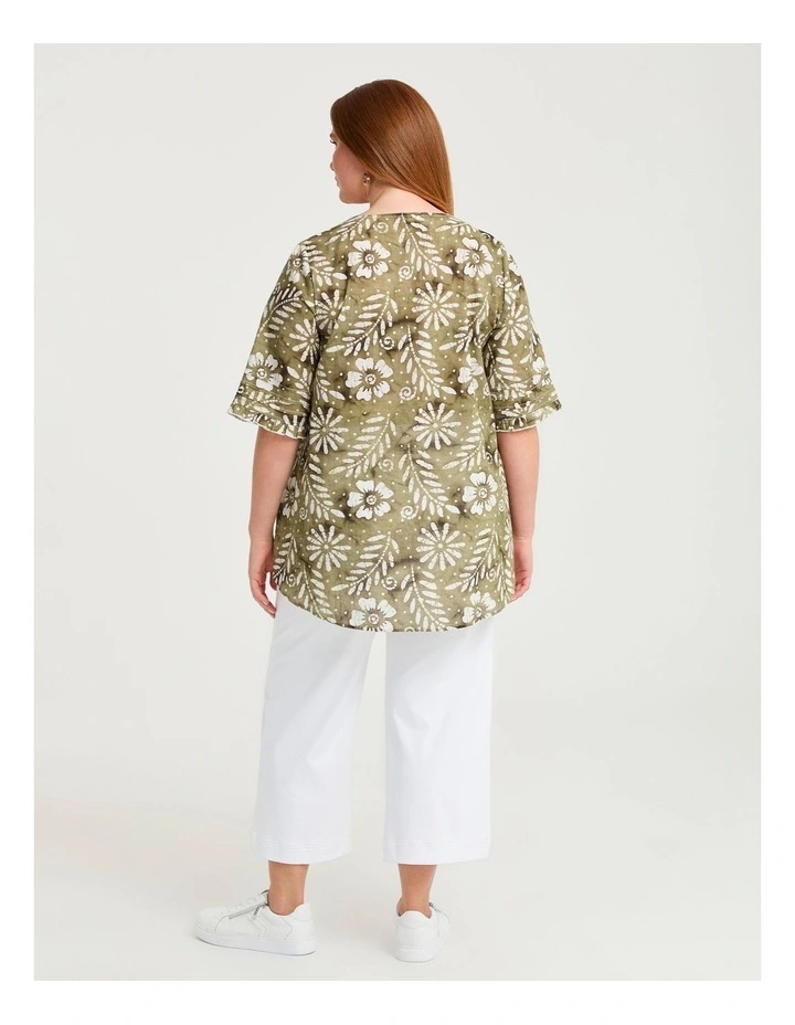 Cotton Elbow Sleeve Pintuck Top Elm Green/Off White image 2