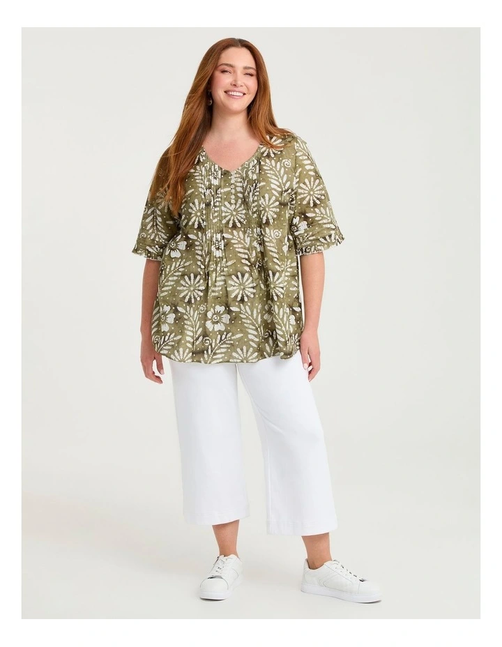 Cotton Elbow Sleeve Pintuck Top Elm Green/Off White image 3