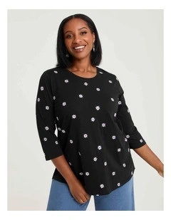 Cotton Embroidery Daisy T-shirt Black