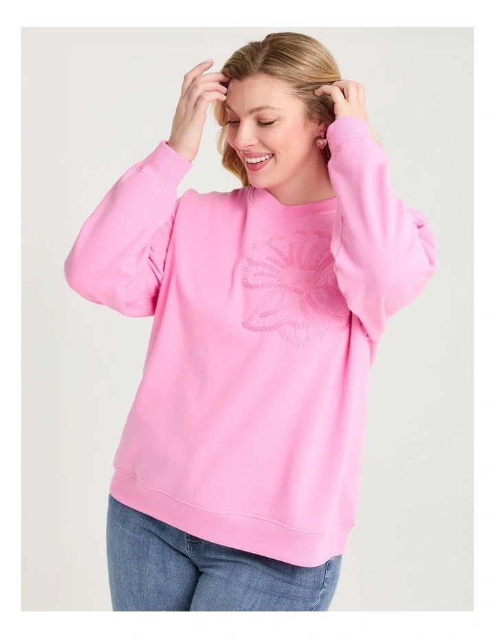 Cotton Flower Applique Sweatshirt Bergonia Pink image 3