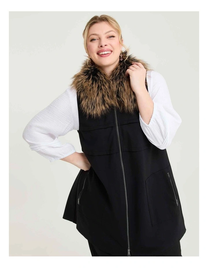 Fur Collar Bamboo Ponte Vest in Black image 1