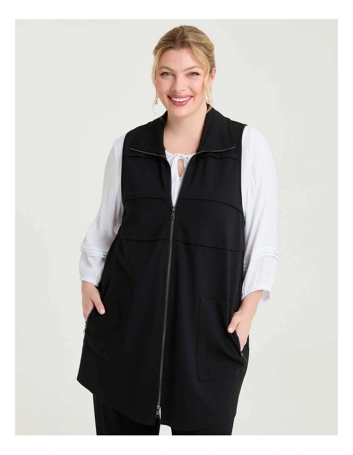 Fur Collar Bamboo Ponte Vest in Black image 3