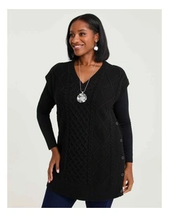 Cable Knit V-neck Button Tunic Black