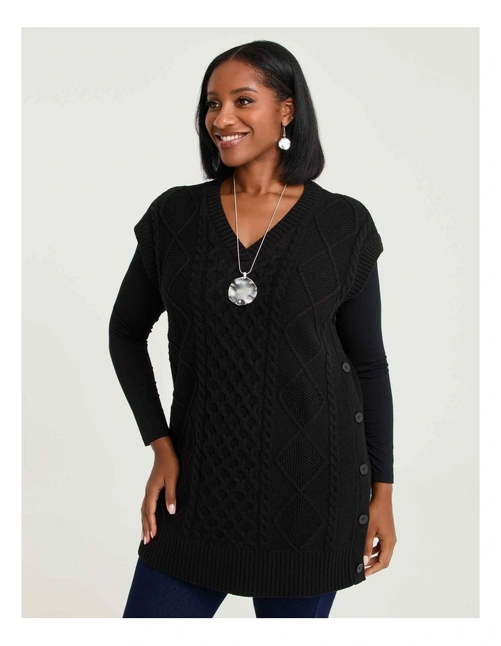 Cable Knit V-neck Button Tunic Black image 1