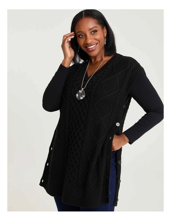 Cable Knit V-neck Button Tunic Black image 3