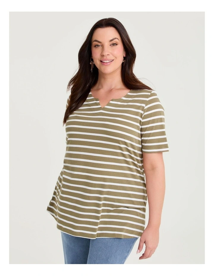 Cotton Notch Neck Top Khaki/white image 1