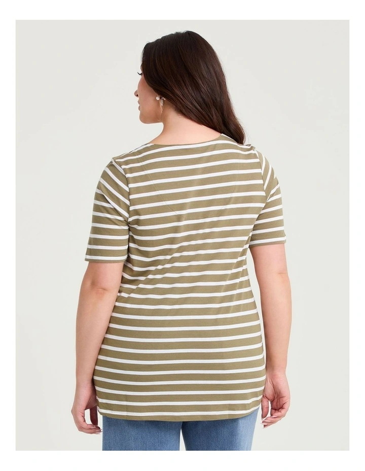 Cotton Notch Neck Top Khaki/white image 2