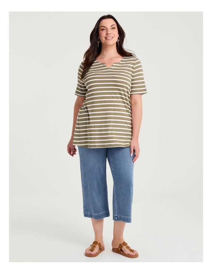 Cotton Notch Neck Top Khaki/white image 3
