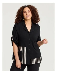 Stripe Panel Natural Cardigan Black Beige Stripe