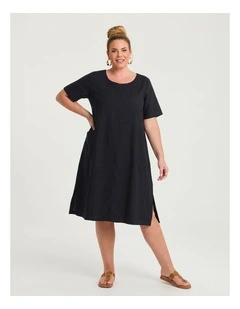 Cotton Linen Spliced Dress in Black