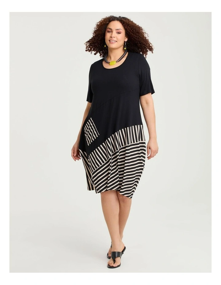 Stripe Panel Natural Tulip Dress Black Beige Stripe image 1