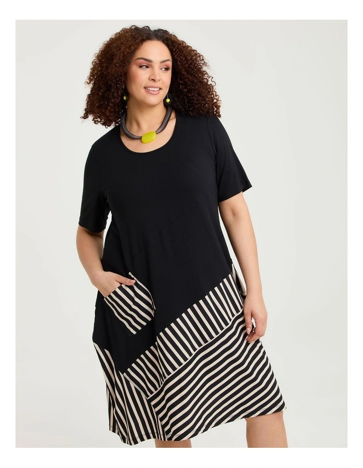 Stripe Panel Natural Tulip Dress Black Beige Stripe image 3