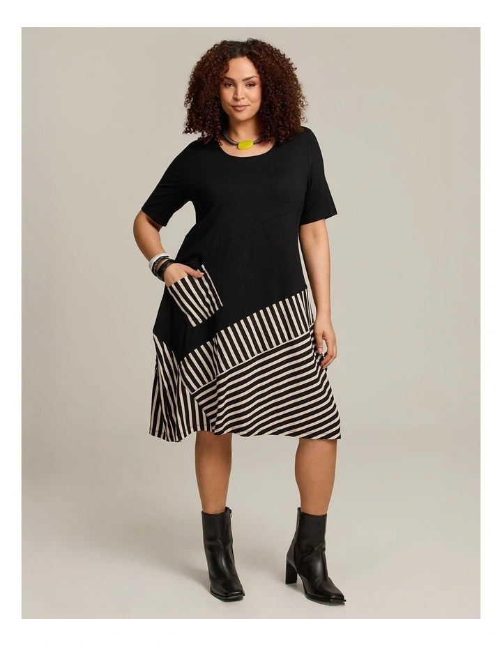 Stripe Panel Natural Tulip Dress Black Beige Stripe image 5