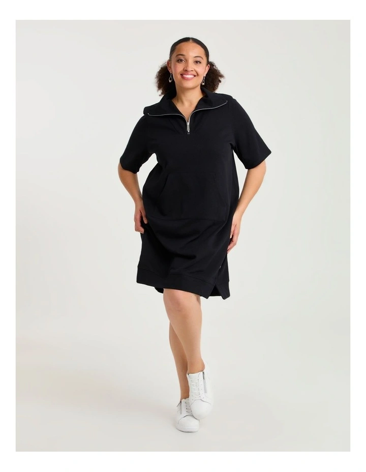 Zip Collar Short Sleeve Sweat Dress Black image 1