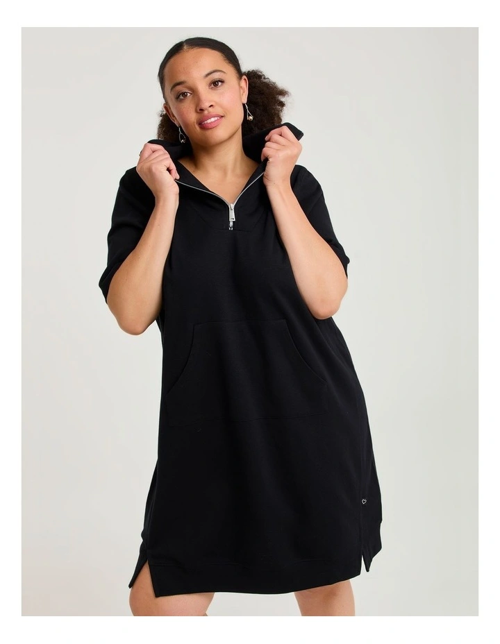 Zip Collar Short Sleeve Sweat Dress Black image 3