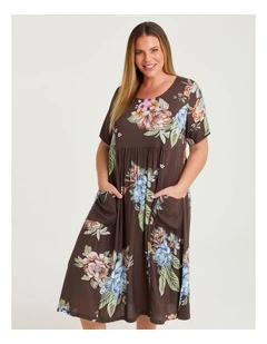 Natural Pocket Midi Dress Cocoa Bloom Print