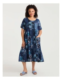 Natural Pocket Midi Dress Patchwork Print